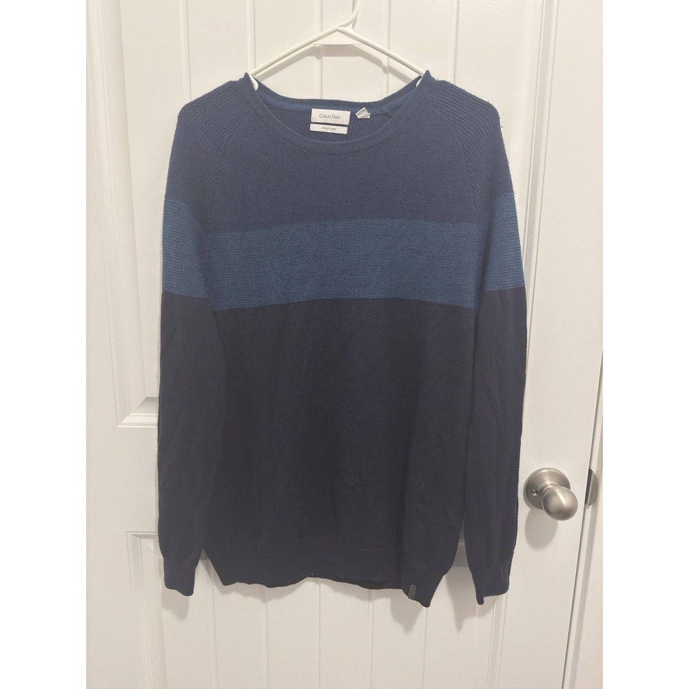 Calvin‎ Klein Mens Italian Yarn Crewneck Sweater Navy Blue Colorblock Size L